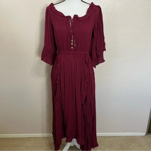 SOLD E Free People Endless Summer Beach Bliss Off Shoulder Maroon Maxi Dress - Picture 4 of 16